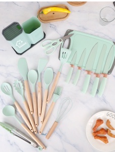 Set ustensile bucatarie Welora 19 piese Lemn si Silicon alimentar, Cutite, Tocator, Termorezistente, Antiaderente, Suport Blat, Negru/Gri/Turcoaz - Img 8