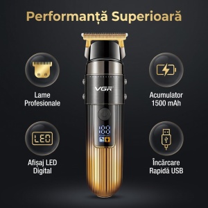 Trimmer Profesional VGR V-929, Incarcare rapida, Autonomie 200 minute, Afisaj LED Digital, USB, Auriu-Negru - Img 3