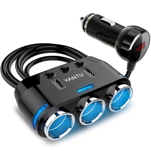 Adaptor Multiplicator priza bricheta auto cu 3 iesiri, Voltmetru - Img 1