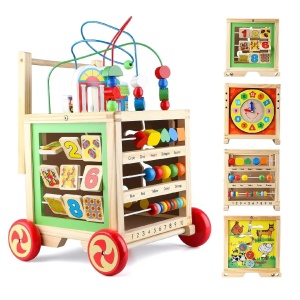 Antemergator si Cub Educational pentru Copii 1 an+, din Lemn, 6 in 1, cu Centru de activitati