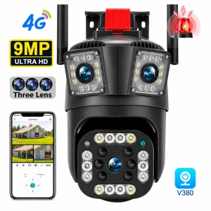 Camera de Supraveghere 4G LTE cu Cartela SIM, 9MP Ultra HD, 3 Lentile, PTZ 355°, Detectare Umana AI, Vedere Nocturna Color, Audio Bidirecțional