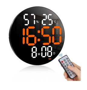 Ceas digital LED de perete, Rotund, Telecomanda, Afisaj Alb-Portocaliu, Culoare Negru