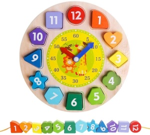 Ceas educativ din lemn, 3 in 1, pentru copii 3 ani+, diametru 22 cm, multicolor - Img 1