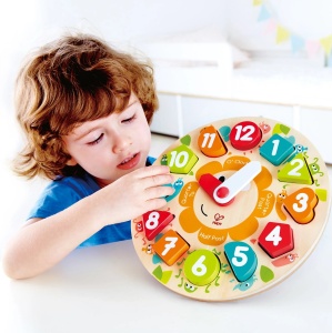 Ceas educativ din lemn pentru copii, puzzle cifre detasabile, invatarea orei si formelor, multicolor - Img 2