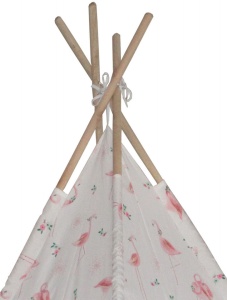 Cort de joaca Tipi, cu cadru de lemn, stil indian cu material imprimat cu pasari flamingo - Img 3