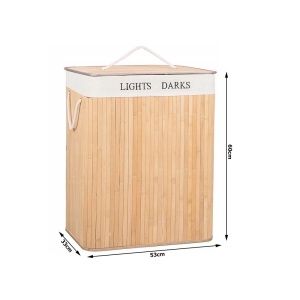 Cos din bambus 2 in 1, pentru haine sau jucarii, cu doua compatimente, pliabil, cu manere si capac - Img 5