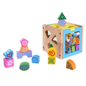 Cub educativ, de sortare forme si cifre, pentru copii 1 an+, din lemn, 15x15 cm, multicolor - Img 2