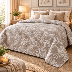 Cuvertură de Pat Matrimonial, Matlasată Reversibilă, 2 Fețe, 220x240 cm, Model cu Frunze Albe în Relief, Culoare Bej