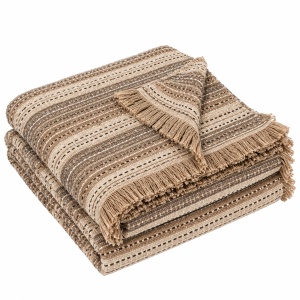 Cuvertura decorativa pentru canapea cu trei locuri, Model cu franjuri scurte si dungi, Dimensiune 280x180 cm, Bej