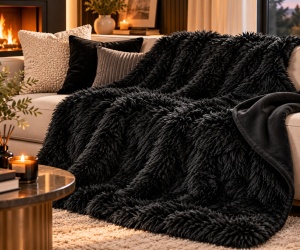 Cuvertura decorativa pentru iarna, cu doua fete catifelate, aspect de blanita, Dimensiune160x130 cm, Negru