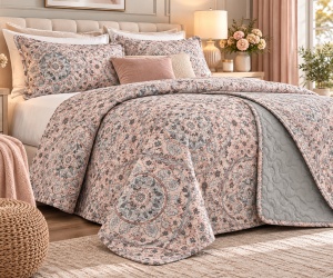 Cuvertura pentru pat dublu cu doua fete, Model mandala, Dimensiune 160x230 cm, Culoare roz/gri