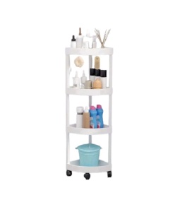 Etajera de colt pentru baie, bucatarie, balcon, cu roti si 4 spatii de depozitare, plastic, 34x25x84cm, alb - Img 1