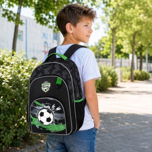 Ghiozdan Baieti Scoala Primara Negru/Verde cu Minge Fotbal 3D, Compartiment Laptop, Spate Ergonomic, 20L, 31x15x45 cm - Img 2