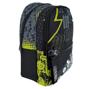 Ghiozdan cu Fermoar Mare, model Skateboard cu Cranii, 30x19x44 cm, negru cu verde, - Img 3