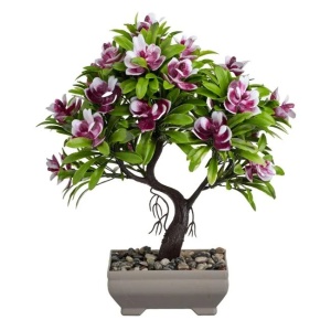 Ghiveci decorativ cu planta bonsai artificiala cu flori roz, Dimensiune Ø15x22cm