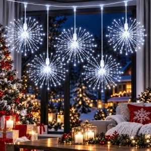 Instalatie LED cu 5 Artificii Decorative, Lungime 5m, 600 LED, 8 Moduri de Iluminare, Interior/Exterior, IP44, Alb Cald/Alb Rece/Multicolor - Img 1