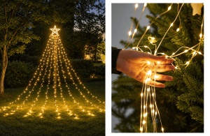 Instalație solară de Crăciun tip brad cu stea, 350 LED-uri, Lungime 3,5 m, Lumină caldă, rece sau multicoloră - Img 5
