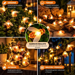 Instalație Solară Decorativă cu Albinuțe, 50 LED-uri, Lungime 6,5 m, Lumină Alb Cald, pentru Grădină, Terasă și Balcon - Img 4