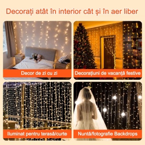 Instalatie Tip Perdea, Cablu Negru, 480 LED-uri, IP65, 6 x 2m, Lumina Alba Calda/Rece, Albastra, Multicolora - Img 6