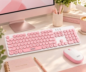 Kit Tastatura si Mouse Wireless TF770, 2.4 GHz, Receptor USB, Tastatura Full-Size 104 Taste, Taste Rotunde, Layout US, Roz/Alb - Img 4