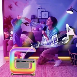 Lampa Smart LED RGB cu difuzor Bluetooth, Incarcare Wireless 15 W pentru Mobil, Ceas, Lumina Ambientala, Alarma, Alb - Img 2