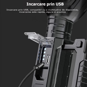 Lanterna Profesionala LED cu acumulator, Incarcare USB, Raza de actiune 1000m, 4 moduri de iluminare, functie Powerbank - Img 7