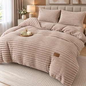 Lenjerie de Pat Matrimonială, 4 Piese, Material Plușat cu Textură Catifelată, Model cu Dungi Reliefate, Cearșaf cu Elastic, Culoare Crem