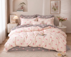 Lenjerie de pat matrimoniala din Finet, Set 6 piese, Compozitie de calitate, Culoare Gri cu Bej, Model Inimi