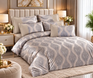 Lenjerie de pat premium din catifea pentru pat dublu, 6 Piese, Model Elegant Bej Perlat