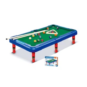 Masa de biliard pentru copii 3 ani+, cu 2 tacuri, bile, triunghi si creta, 65x37x17cm, plastic, verde-albastru - Img 3