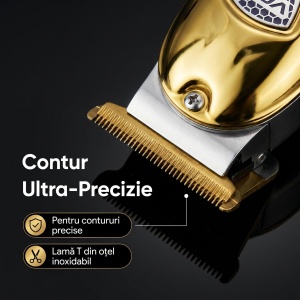 Masina de contur profesionala VGR V-188, Acumulator Li-Ion 1400 mAh, 240 minute autonomie, Lama T din otel inoxidabil, USB, Auriu - Img 4