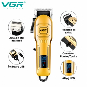 Masina de tuns profesionala cu afisaj digital - Model VGR V-268 - Fara fir incarcare cu USB - Auriu - Img 3