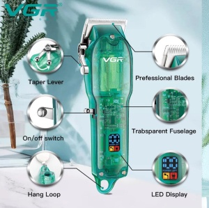 Masina tuns profesionala VGR V-660, fara fir, 8W, cu ecran LCD, lame din otel si afisaj LED, verde-transparent - Img 2