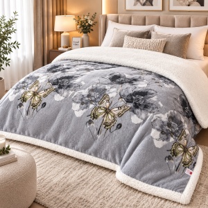 Pătură de Pat Matrimonială cu Căptușeală din Lână, 200x230 cm, Moale, Pufoasă și Călduroasă, Model Fluturi Gri - Img 3