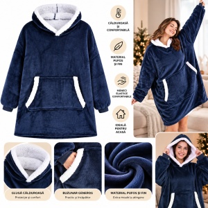 Patura Hanorac Oversize cu Gluga si Buzunar, Captuseala Pufoasa, Moale si Calduroasa, Unisex - Img 2