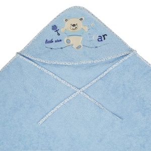 Prosop bebe, din bumbac, model ursulet cu gluga, dimensiuni 1x1m, albastru - Img 2