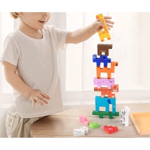 Puzzle 3D cu 13 figurine animale, de stivuire, pentru copii 3 ani+, din lemn, 19.6x19.6x1.5 cm, multicolor - Img 7