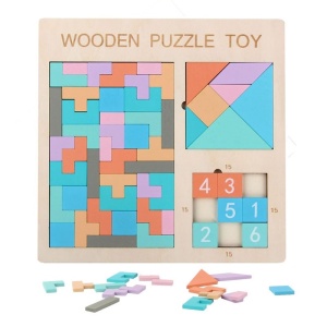 Puzzle cu forme si numere 3D, pentru copii 3 ani+, din lemn, 30x30 cm, Multicolor - Img 7