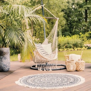 Scaun leagan suspendat de culoare bej cu model macrameu, Dimensiune 100x50x110cm - Img 2