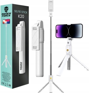 Selfie Stick Extensibil pana la 64cm, Bluetooth, Telecomanda si Proiector LED, Alb - Img 1