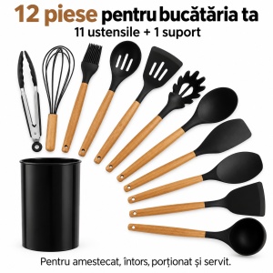 Set 12 piese ustensile de bucătărie, silicon negru, mânere din lemn, suport inclus - Img 5