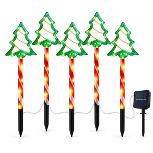 Set 5 x Acadele luminoase cu bradut, Decoratiune de Craciun pentru exterior, Incarcare solara, Dimensiune 40 cm, Alb Cald