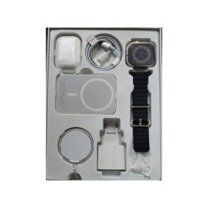 Set complet cu Smartwatch X8 de 2", casti in-ear wireless, incarcator, cabluri, baterie externa, 8 in 1, negru/portocaliu/alb-gri - Img 3