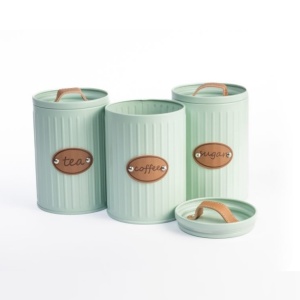 Set cu 3 recipiente metalice decorative, pentru cafea zahar sau ceai, metal, capacitate 1L, albastru deschis - Img 1