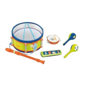 Set cu 6 instrumente muzicale de jucarie, toba, fluier, tamburina, flaut, muzicuta si 2 maracas