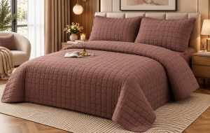 Set Cuvertură Pat Matrimonial 4 Piese Bumbac, Cuvertură 230x240 cm, Cearșaf cu Elastic 180x200 cm, 2 Fețe de Pernă 55x80 cm,Culoare Maro