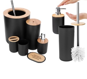Set pentru baie 6 in 1, cu perie WC, cos gunoi, dispenser sapun, suport sapun si pahare periute dinti, plastic si bambus, negru - Img 6