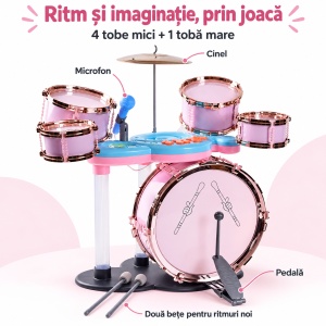 Set Tobe Jazz pentru Copii, 5 Tobe, 12 Moduri Muzicale, Lumini, Conectare Microfon și Căști, Volum Reglabil, Scăunel și Bețe, 3 Ani+, Roz/Verde - Img 4