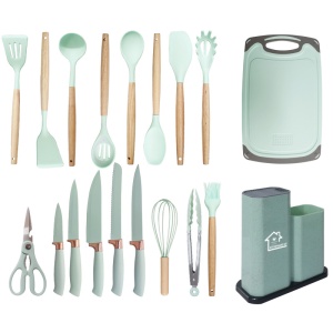 Set ustensile bucatarie Welora 19 piese Lemn si Silicon alimentar, Cutite, Tocator, Termorezistente, Antiaderente, Suport Blat, Negru/Gri/Turcoaz - Img 3