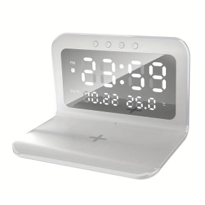 Statie de incarcare wireless rapida 3 in 1, Display LCD, Ceas, alarma si temperaura, alimentare USB - Img 1